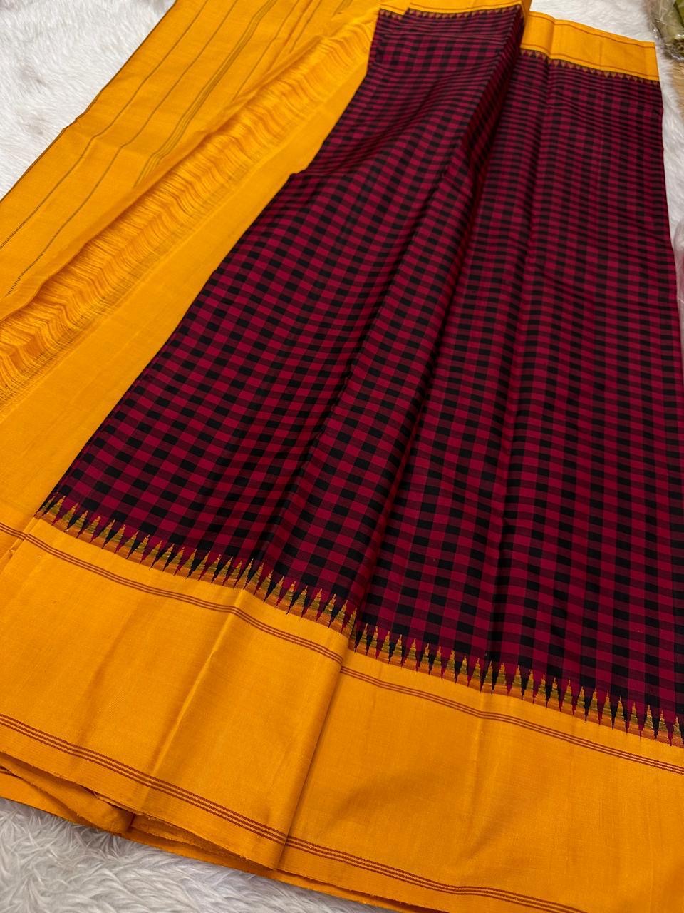 Paavai – Arakku Red & Brown Pattani Kattam Kanchipuram Pure Silk Saree with Mustard Border & Pillayar Moggu Motifs