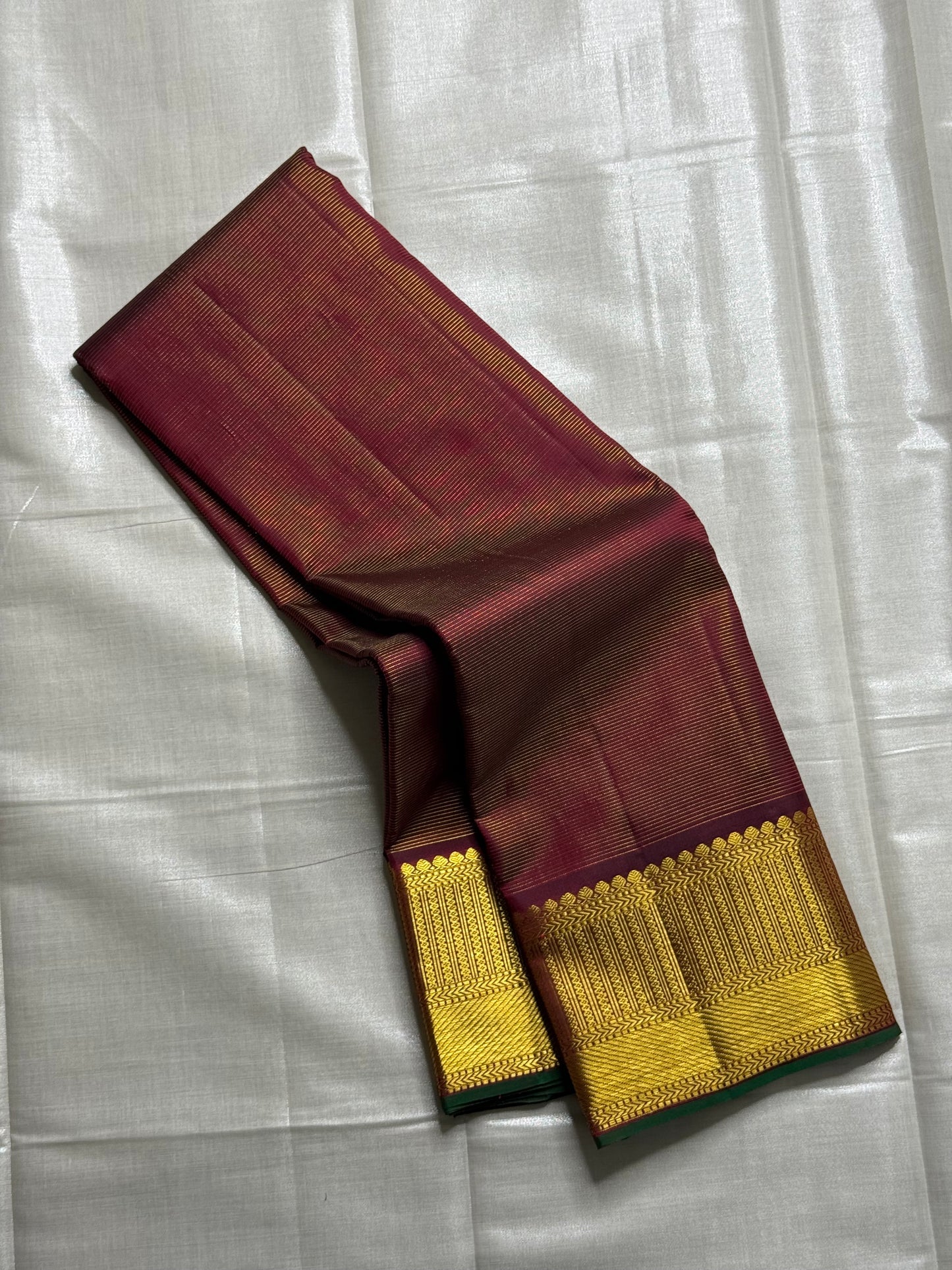 Ganika – Deep Coffee Brown Vairaoosi Kanchipuram Silk Saree with Candlestick Zari Border, Vanki Pet Chevrons & Dark Green Selvedge