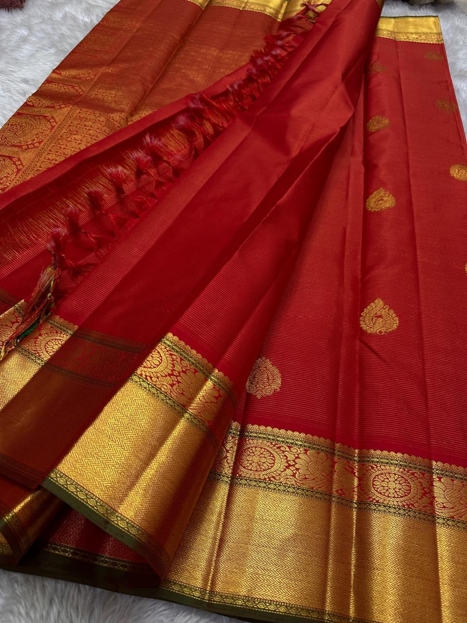 Nitya – Vibrant Red Pure Silk Kanchipuram Saree with Gold Vaira Oosi Stripes & Majestic Mayil Kamalam Border