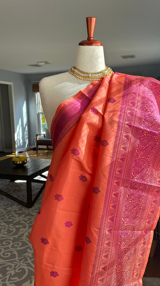 Pure silk kanchipuram saree peach saree with purple silk thread weaving no zari style pure silk border