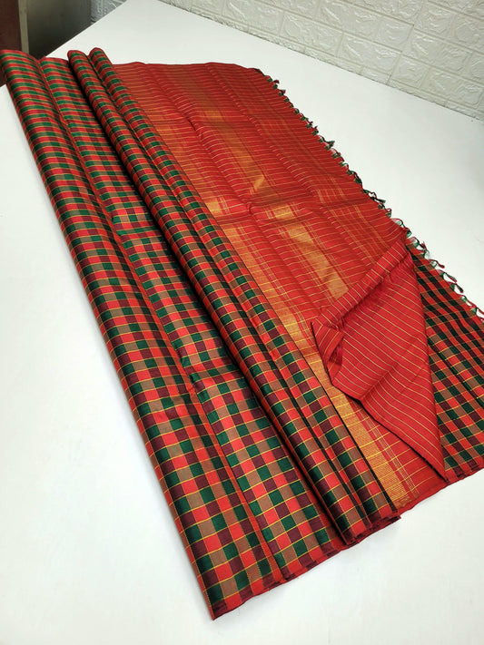 Red green maroon and gold checks pure silk Kanchipuram with seer zari Pallu