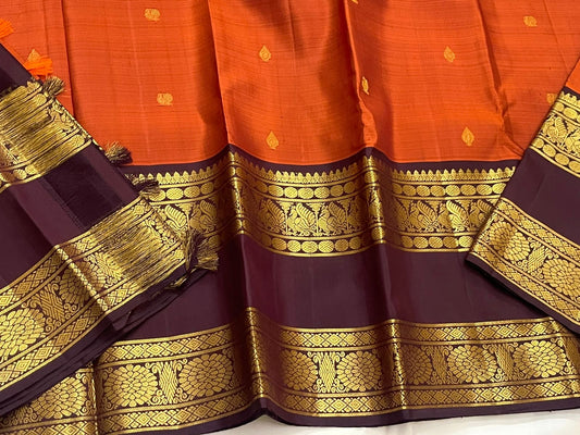 Rust Orange Mayil – Pure Korvai Kanchipuram Silk Saree
Grand jamuni Zari border rettapet &  pallu with rich traditional zari weaving
Silk Mark Certified, ships in 2 weeks blouse stitching available
