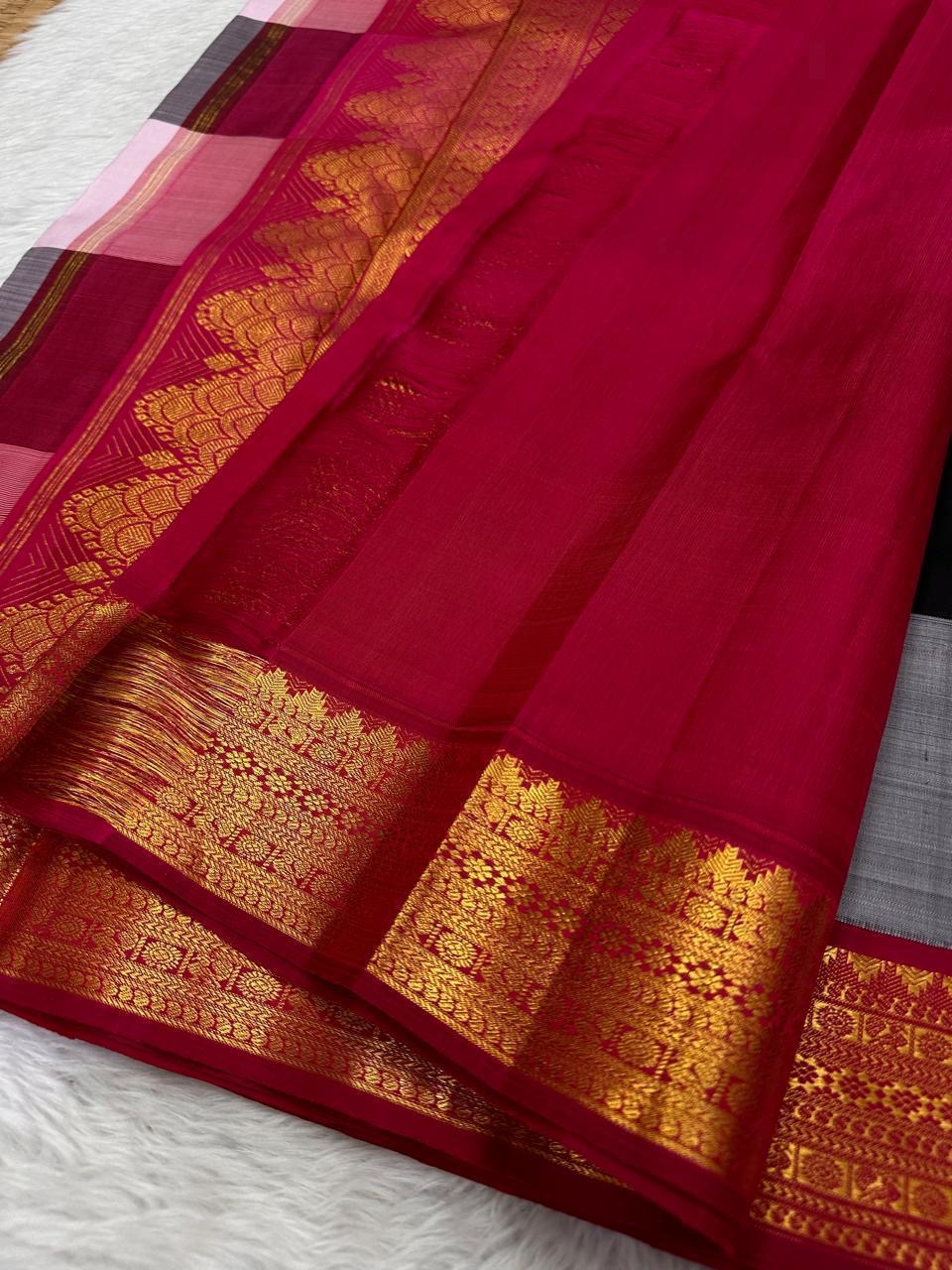 Charcoal Ash Blush Kattam
Pure Kanchipuram Silk Saree – Charcoal Grey, Black & Blush Pink Checks
Contrast deep red korvai borders with intricate gold zari temple motifs
Grand zari pallu, silk mark certified.ships in 2 weeks