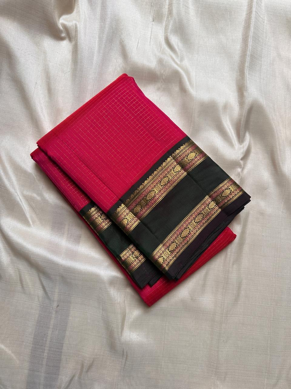 Vivid pink zari kattam with green rettapet Rudhraksham border