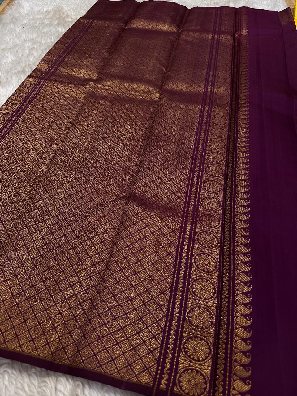 Lotus Glow — Pure Kanchipuram Silk Saree
Deep amethyst-purple with lotus buttas, peacock & elephant zari border
Silk Mark Certified ✅ | Free USA Shipping | Ships in Two Weeks ✅