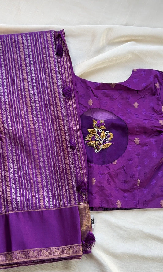 Mashru Banarasi Panel Weave Saree with hsnd Embroidered Blouse ✨
Featuring Gandaberunda, Paisley & Peacock Motifs in Lustrous Mashru Silk
Free shipping within USA ready to ship