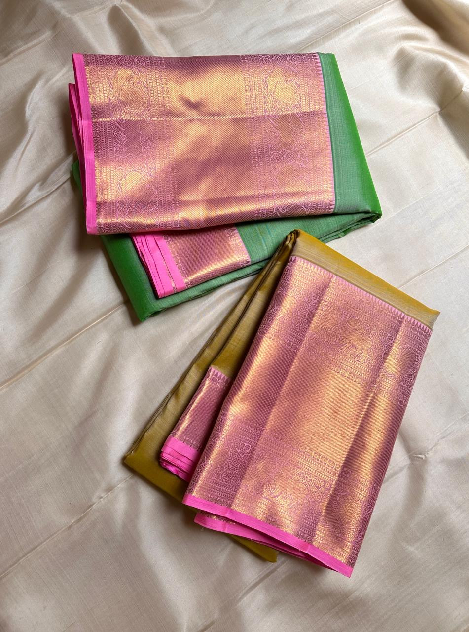 The color of “festive” vibrant golden sampanga with a pink border and Pallu pure silk Kanchipuram saree bavanji rettapet vanasringaram border