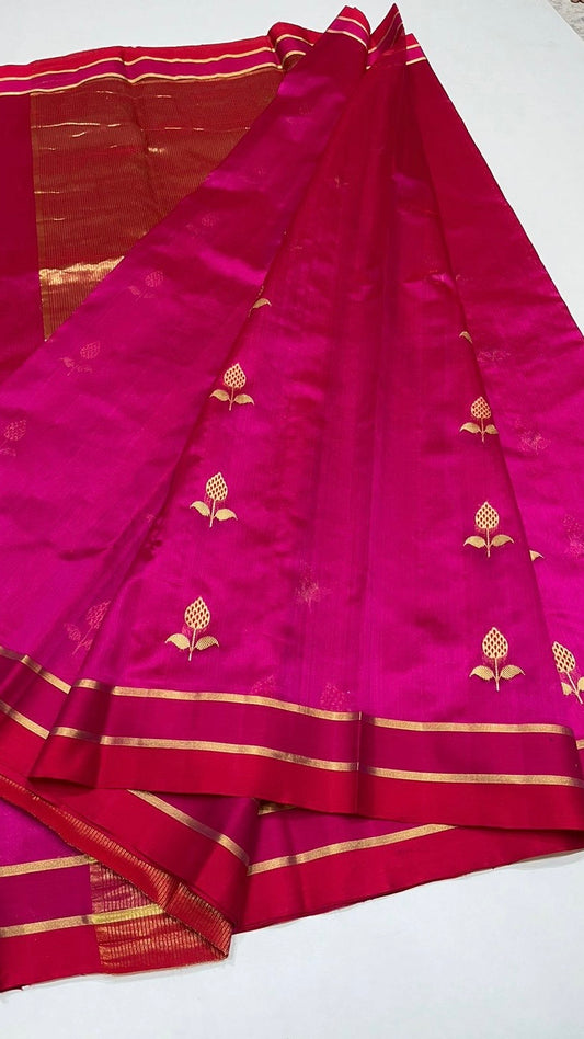 Pure silk Chanderi handloom vibrant pinck saree with red border