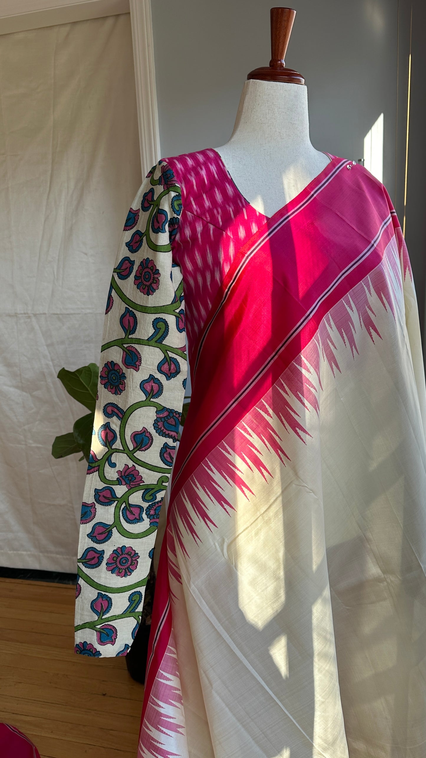 "Charu" collection - Ikat and kalamkari blouse in pink,green and white