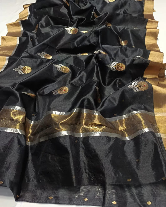 Pure silk Chanderi black, gold with silver and gold sunflower sonaroopa motif