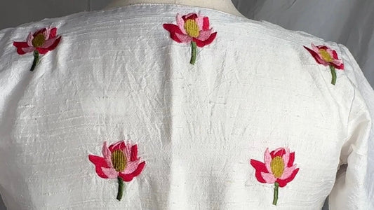 "Kamala" collection - pure raw silk blouse embroidered with lotus motifs in white