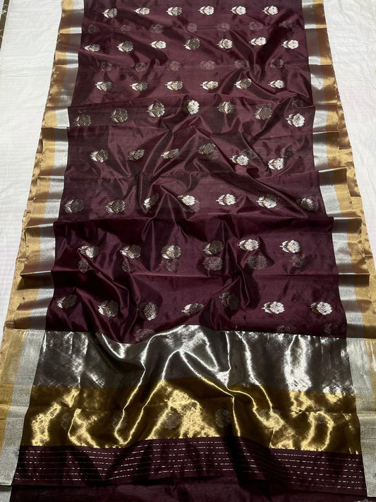 Pure silk Chanderi handloom coffee brown with sona roopa motif saree