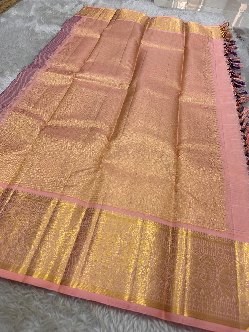Kurinji – Regal Purple Zari Kattam Pure Kanchipuram Silk Saree with Peach Pink Border & Pallu, Intricate Zari Detailing, Matching Blouse Fabric (Silk Mark Certified, Handloom, Free USA Shipping)