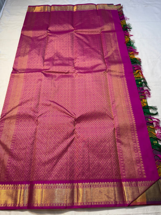 Paalum Pazhamum Petite Butta — Korvai Kattam
Magenta Borders • Petite Zari Buttas • Brocade Pallu
Silk Mark • Free USA Shipping • Ships in Two Weeks