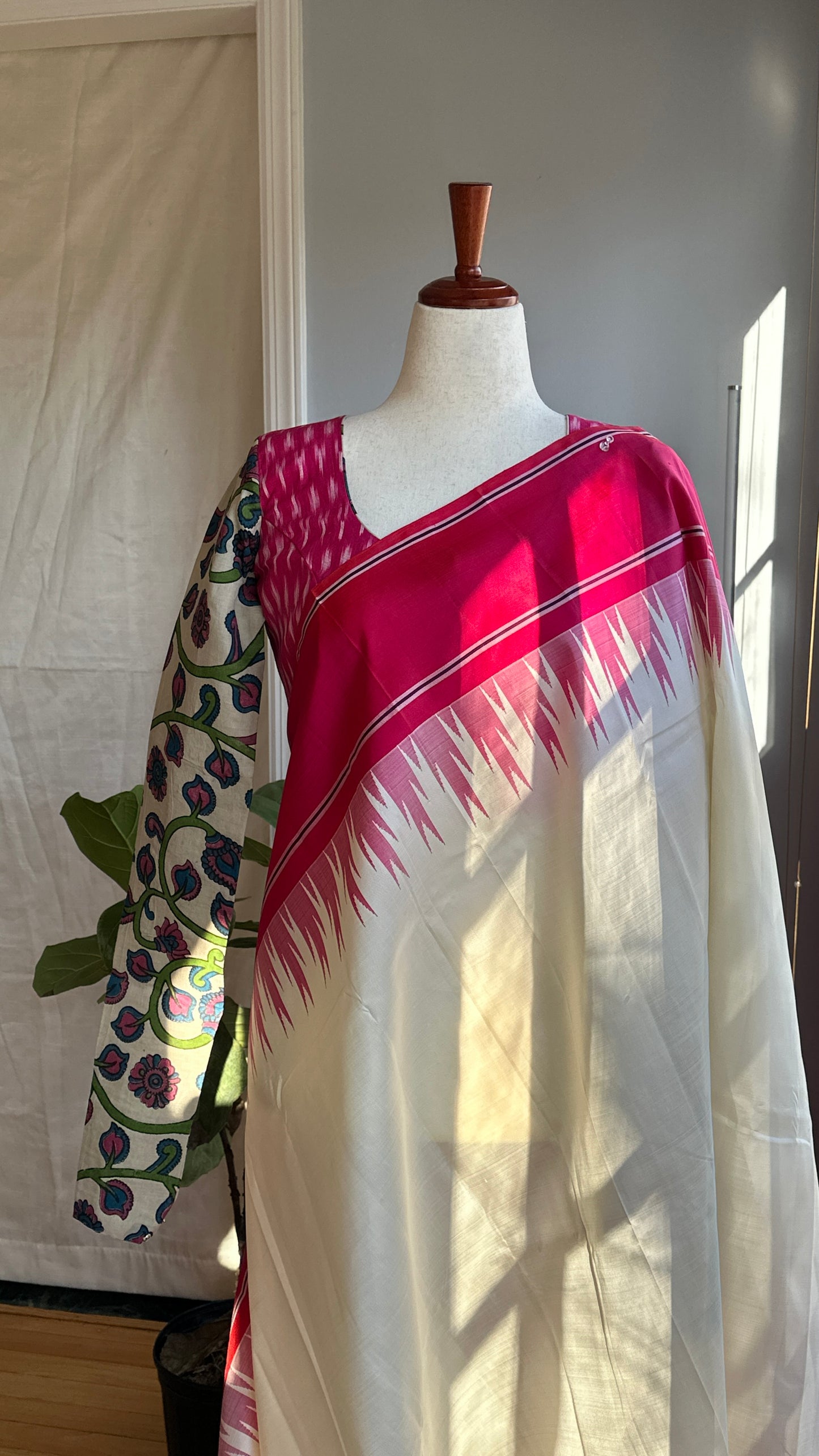 "Charu" collection - Ikat and kalamkari blouse in pink,green and white