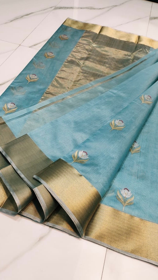 Pure silk Chanderi sky blue gold and silver sona roopa butti saree