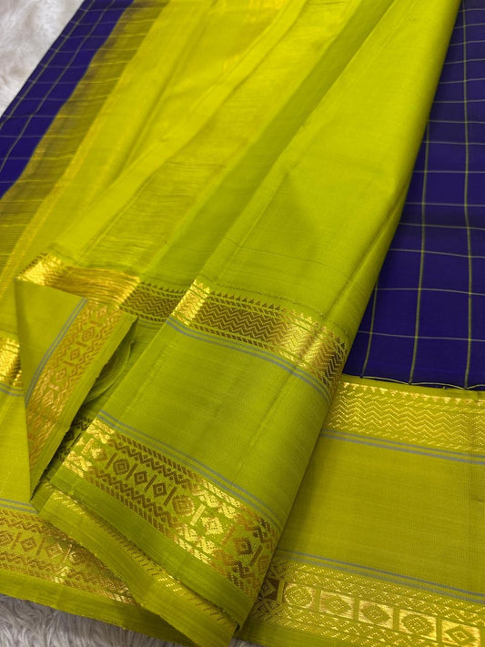 Neelam Parrot Pachai — Pure Kanchipuram Silk Saree
Royal blue body with gold kattam checks & parrot-green korvai border
Silk Mark Certified ✅ | Free USA Shipping | Ships in Two Weeks ✅