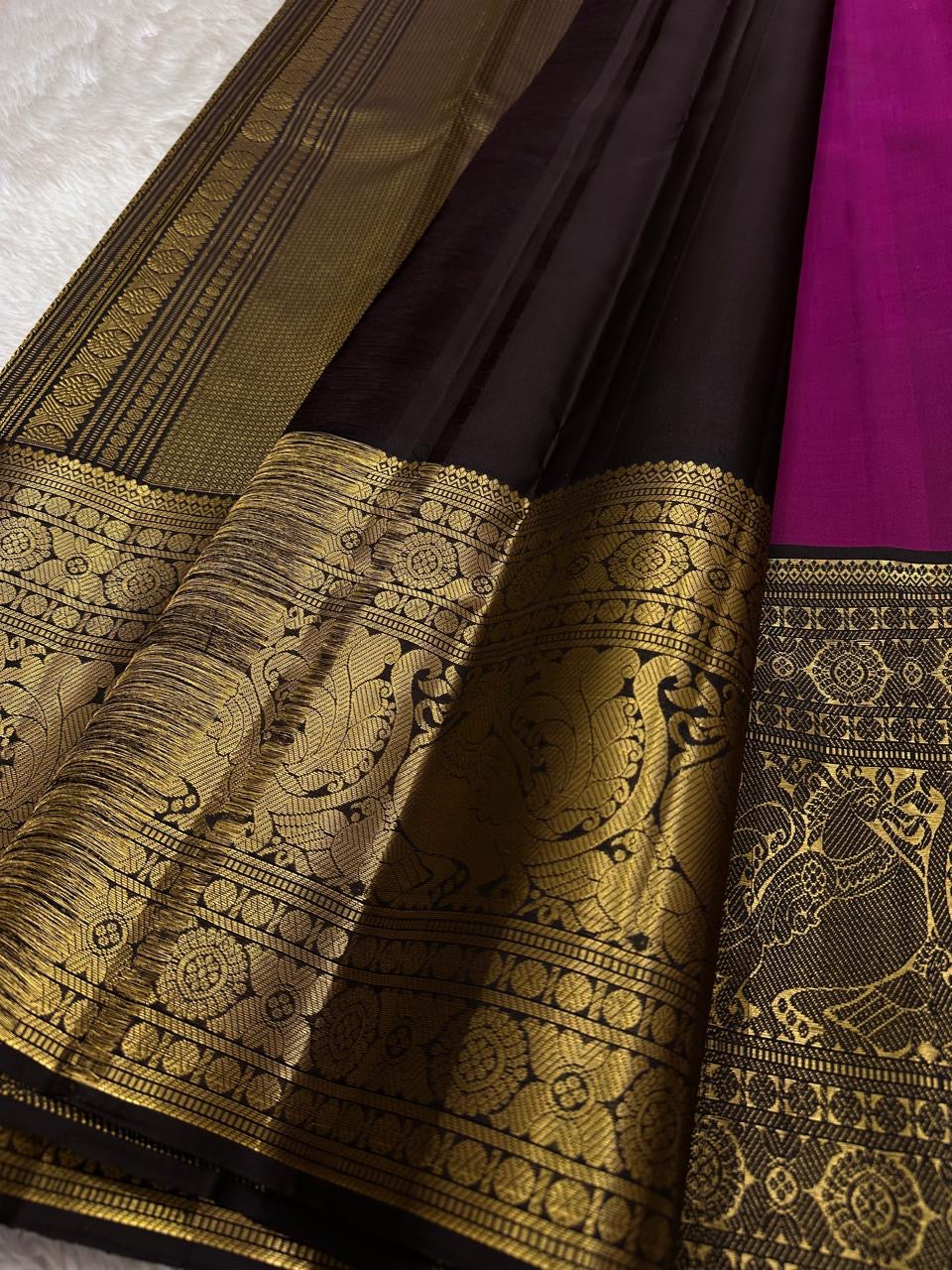 pink pure silk Kanchipuram with elaborate Zari peacock motif Vanasingaram border with deep brown Pallu