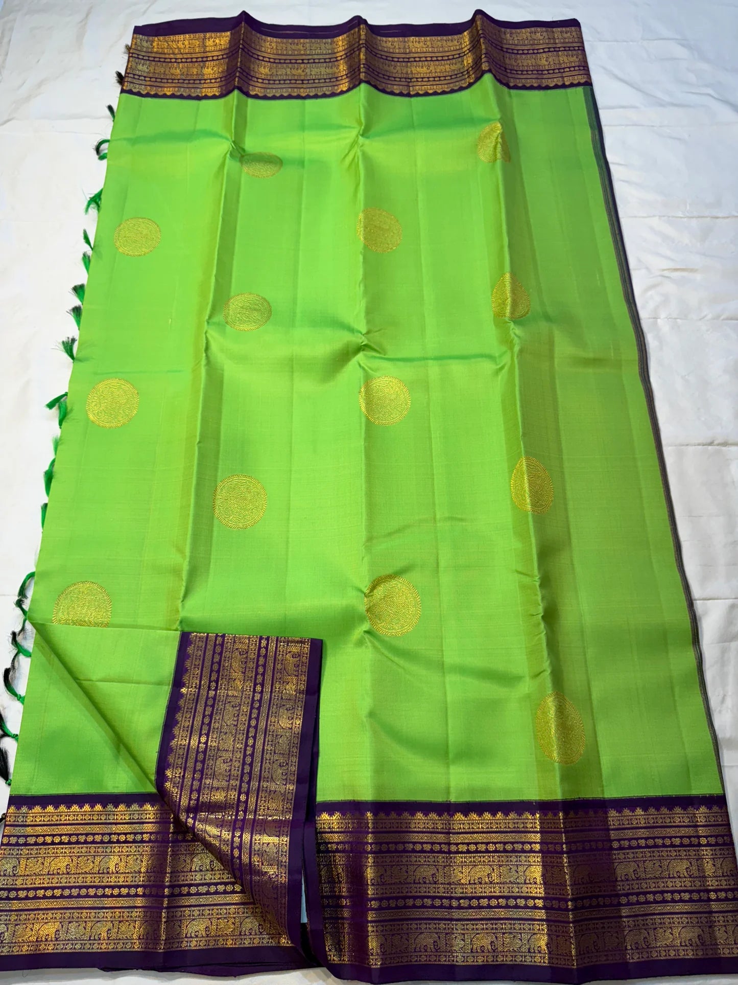Arangetram — Parrot-Green Kanchipuram Pure Silk
Royal Purple Korvai Border 
Elephant Procession Panels & Coin Buttas
Rich Brocade Pallu • Blouse Included
Silk Mark Certified • Free USA Shipping • Ships in Two Weeks
