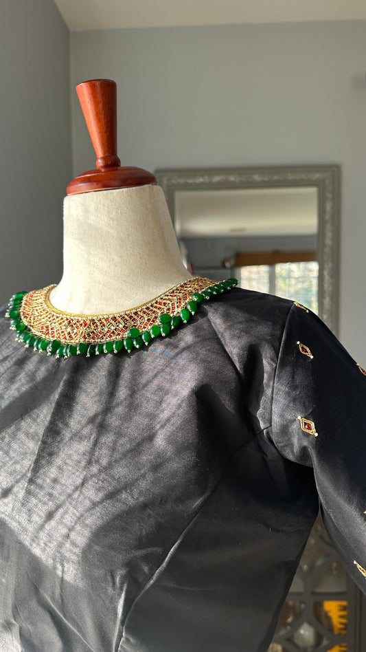"Jadau" collection - tanjore painting inspired silk embroidered blouse - Black green and red