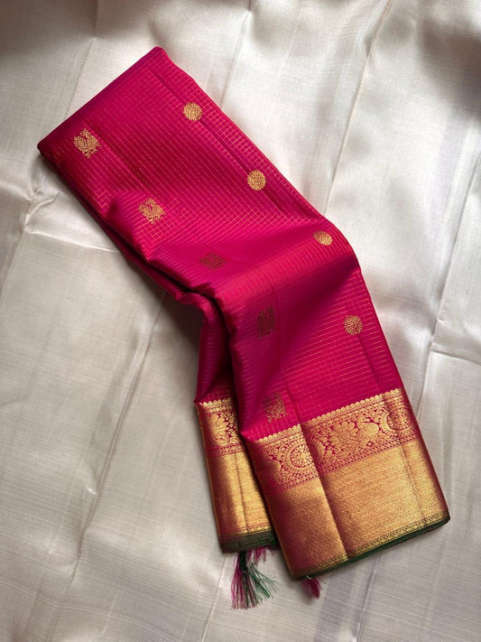 Raja Rangu Kattam: shot color  Rani Pink Pure Silk Kanchipuram with Gold Zari Checks and Temple Border
Silk Mark Certified for Quality Assurance, Enjoy Free Shipping within USA.
Ready to Ship in 1 Week