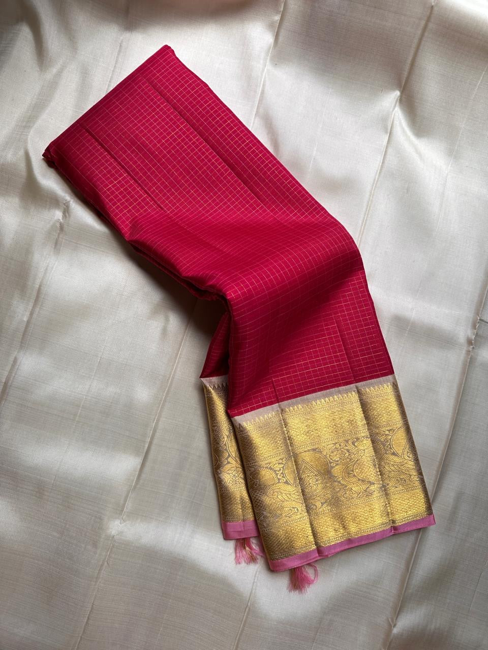 Senthamarai – Deep Cherry Red Zari Kattam Pure Kanchipuram Silk Saree with Biscuit Beige Border, Pink Peacock Motifs & Zari Striped Blouse (Silk Mark Certified)