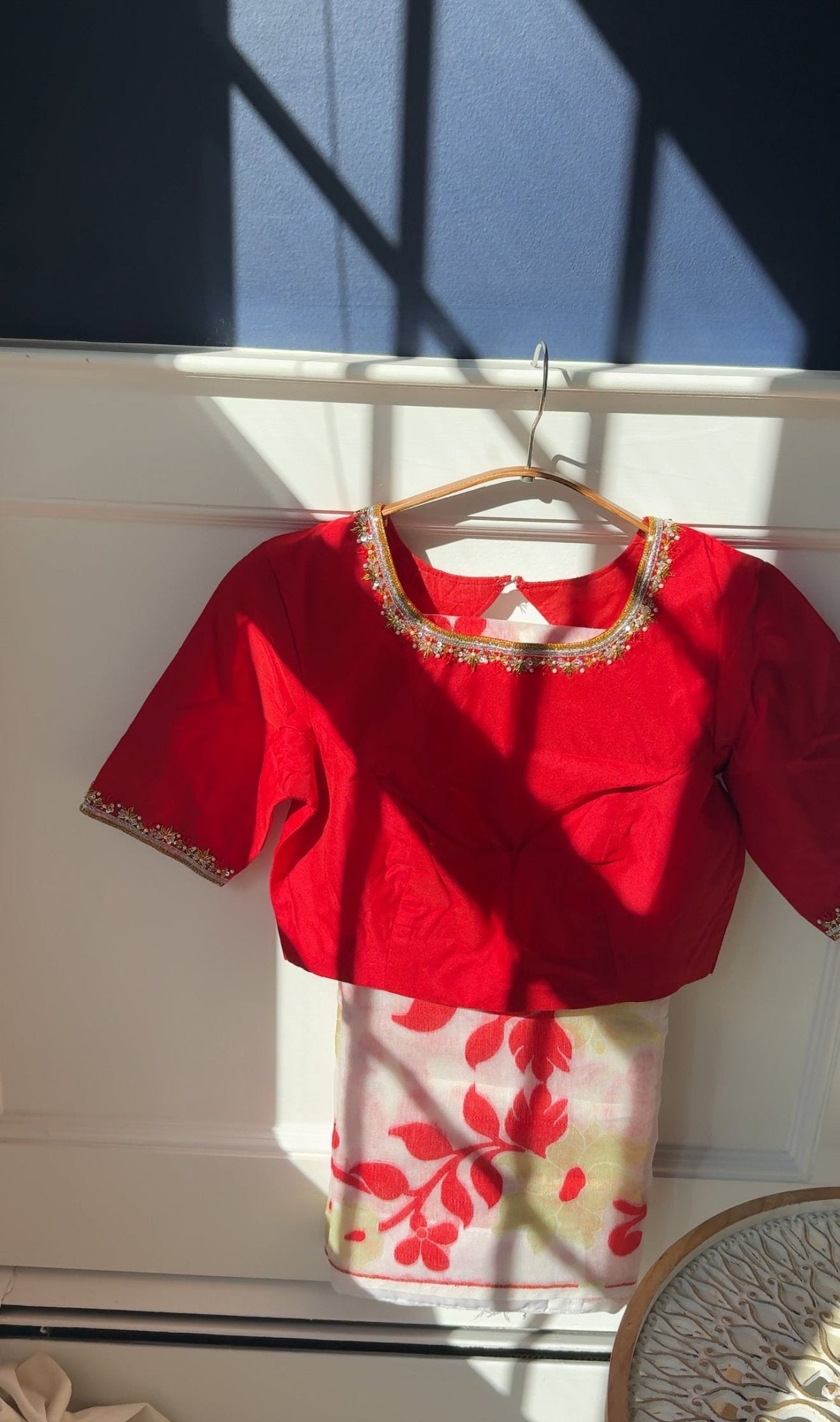 Red & White Jamdhani Muslin Silk Saree
with Hand-Embroidered Pure Silk Cotton Blouse- custom blouse made to your measurements
Free Shipping within USA • Ships in 3 Weeks •