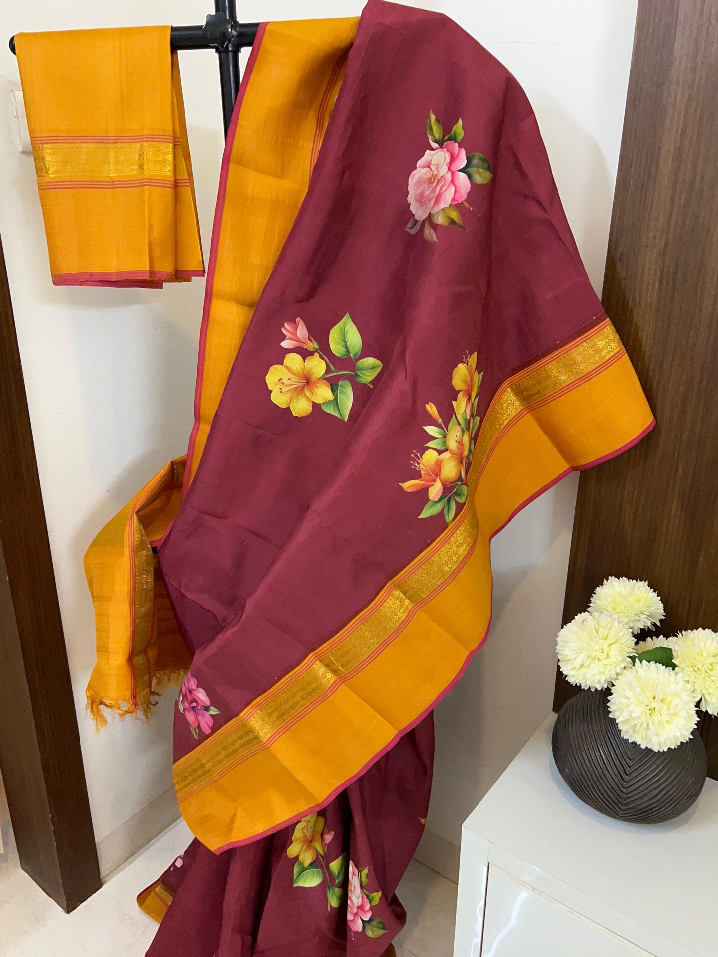 Mandaram – One-of-a-Kind Deep Brown Pure Kanchipuram Silk Saree with Golden Mustard Zari Fish Motifs, Monsoon Hibiscus Floral Print & Striking Red Selvedge (Silk Mark Certified, Woven in Sunguvar Sathiram( Kanchi) Printed in Delhi)