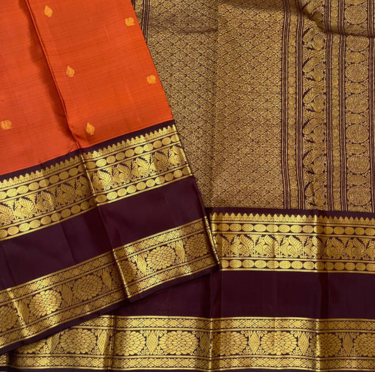 Rust Orange Mayil – Pure Korvai Kanchipuram Silk Saree
Grand jamuni Zari border rettapet &  pallu with rich traditional zari weaving
Silk Mark Certified, ships in 2 weeks blouse stitching available