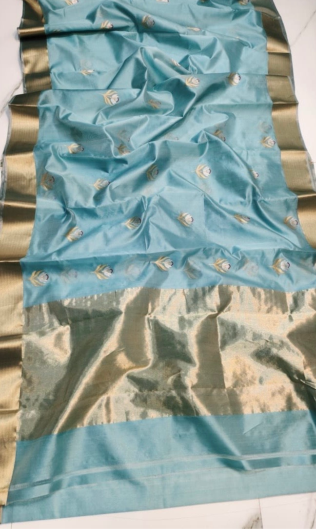 Pure silk Chanderi sky blue gold and silver sona roopa butti saree