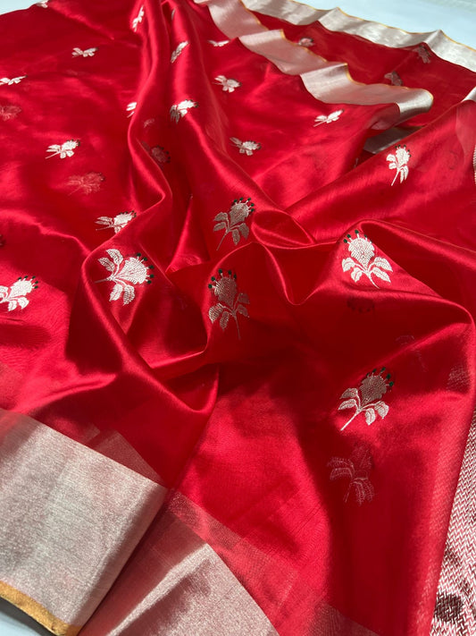 Pure silk Chanderi red with floral black meena butti saree gold selvedge
