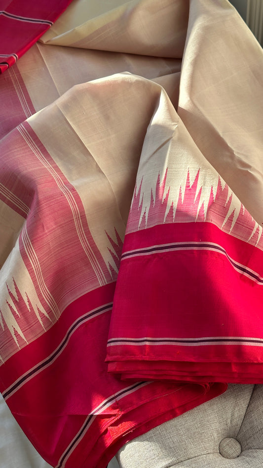 Pure silk kanchipuram pink saree with purple line silk thread weaving no zari style pink thazhampoo border