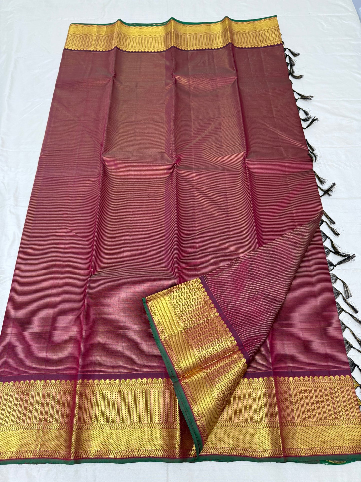 Ganika – Deep Coffee Brown Vairaoosi Kanchipuram Silk Saree with Candlestick Zari Border, Vanki Pet Chevrons & Dark Green Selvedge