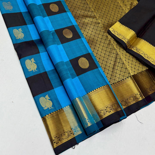 Sky blue , royal blue and black unique paalum pazhamum pure silk Kanchipuram saree