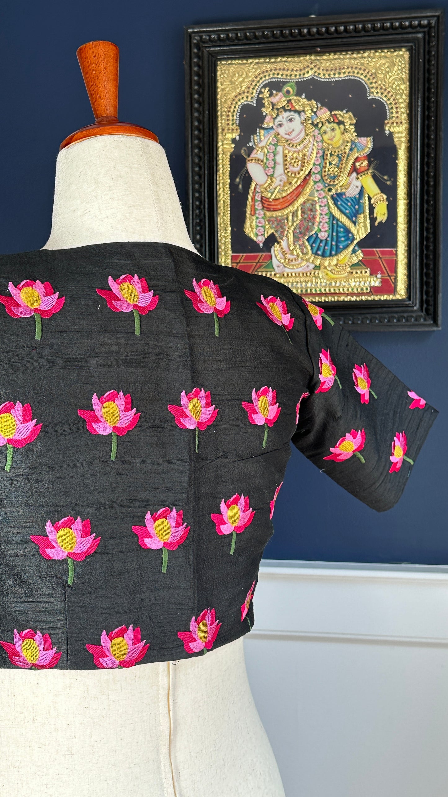 "Kamala" collection - pure raw silk blouse embroidered with lotus motifs in black