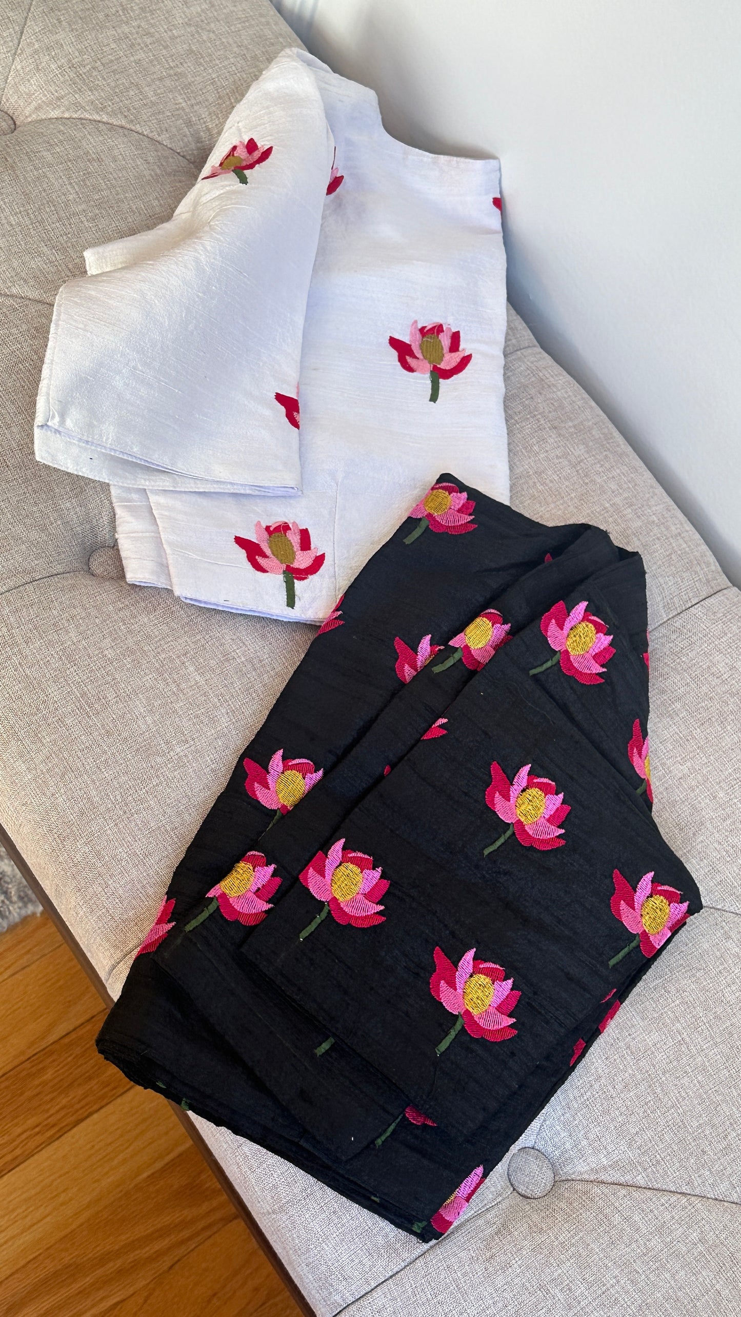 "Kamala" collection - pure raw silk blouse embroidered with lotus motifs in white