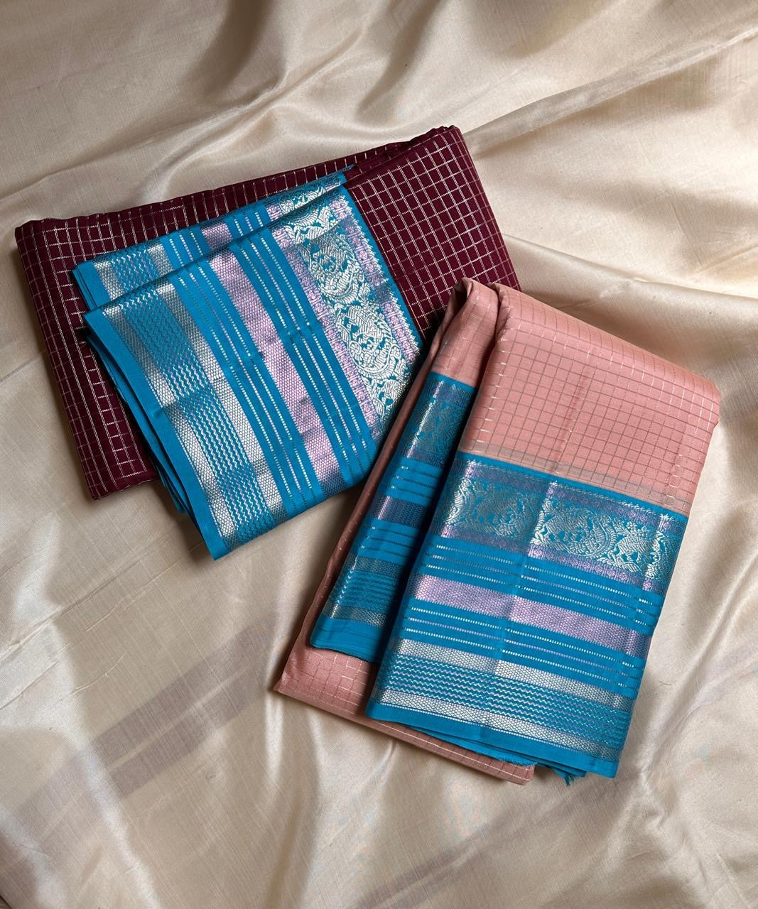 Most unique peach mocha and blue combination in pure silk Kanchipuram with Zari kattam and elephant motif border