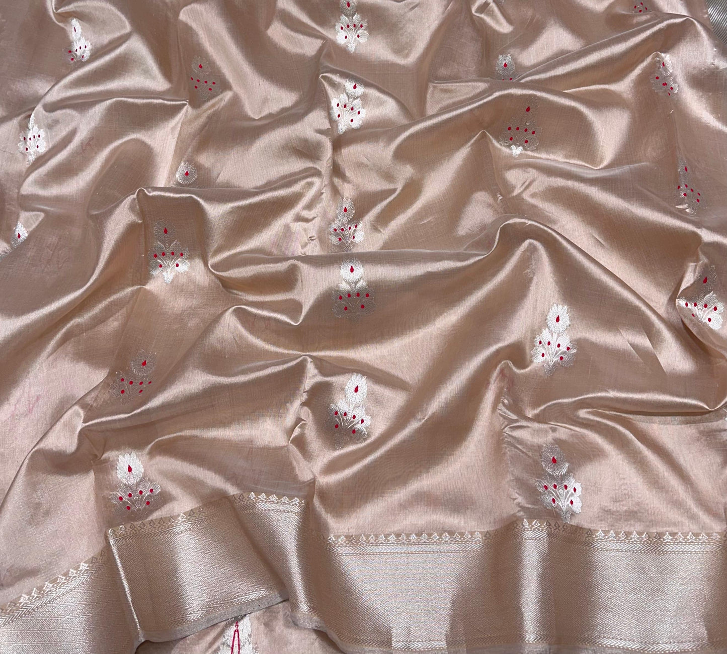 Pure silk Chanderi pastel beige with pink meena saree