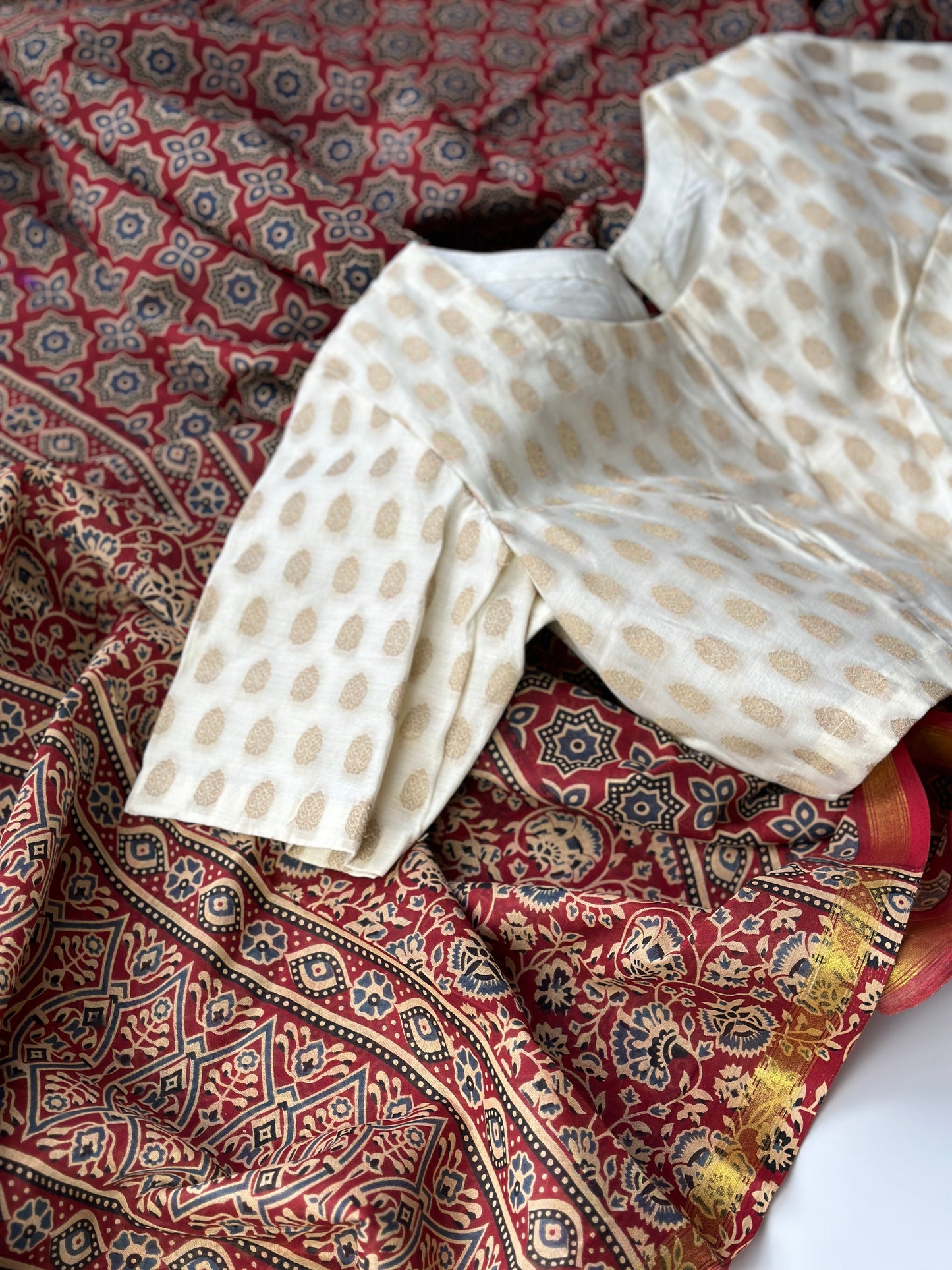 Ajrakh saree with maheshwari border & banarasi silk cotton blouse set