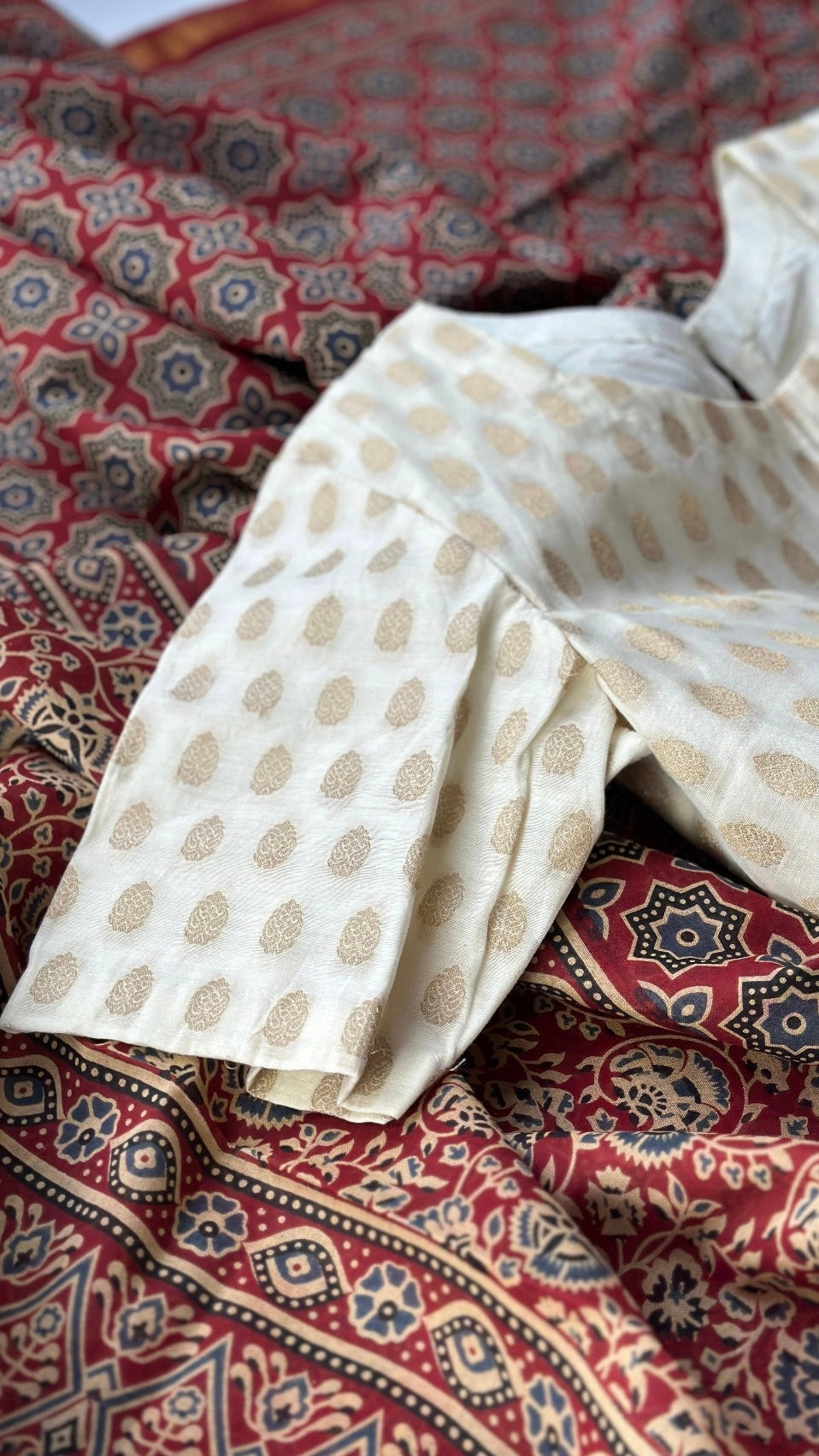 Ajrakh saree with maheshwari border & banarasi silk cotton blouse set