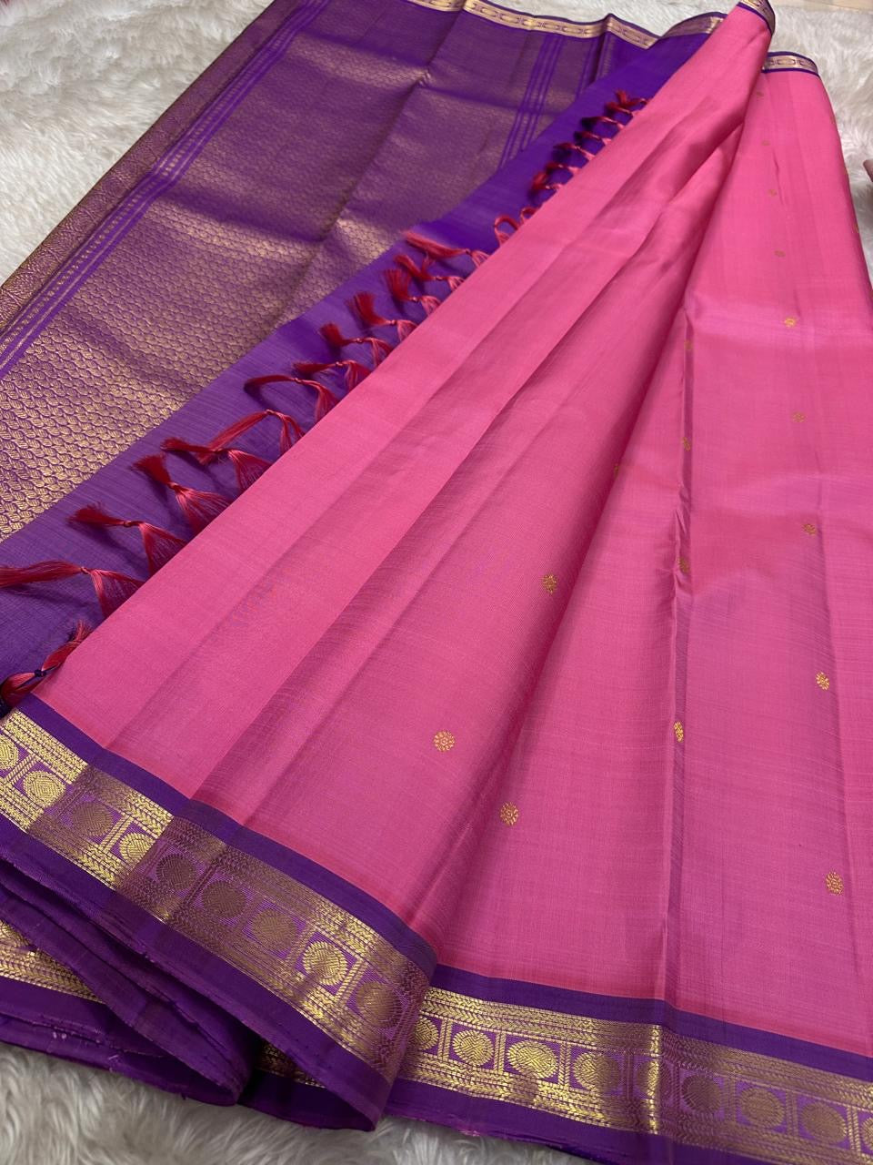 Varnam – Pastel Pink Kanchipuram Silk Saree with Lilac Purple Rudraksha Zari Border & Ornate Kamalam Pallu | Pure Handloom Heritage