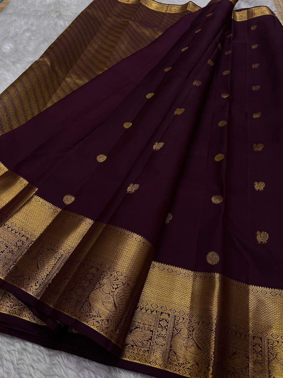 Archana – Handwoven Pure Silk Kanchipuram in Deep Brown with Gold Zari Accents & Ornate layered border