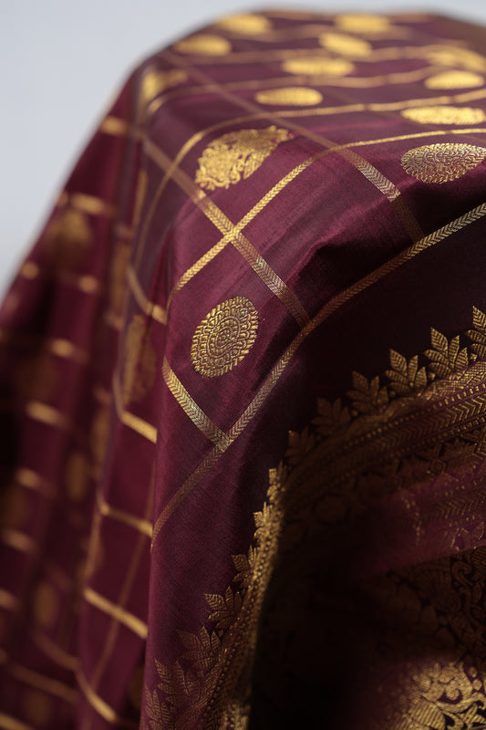 Pure Kanchipuram Silk Saree Wine Plum with Antique Gold Zari Kattam Checks and Gandaberunda Butta