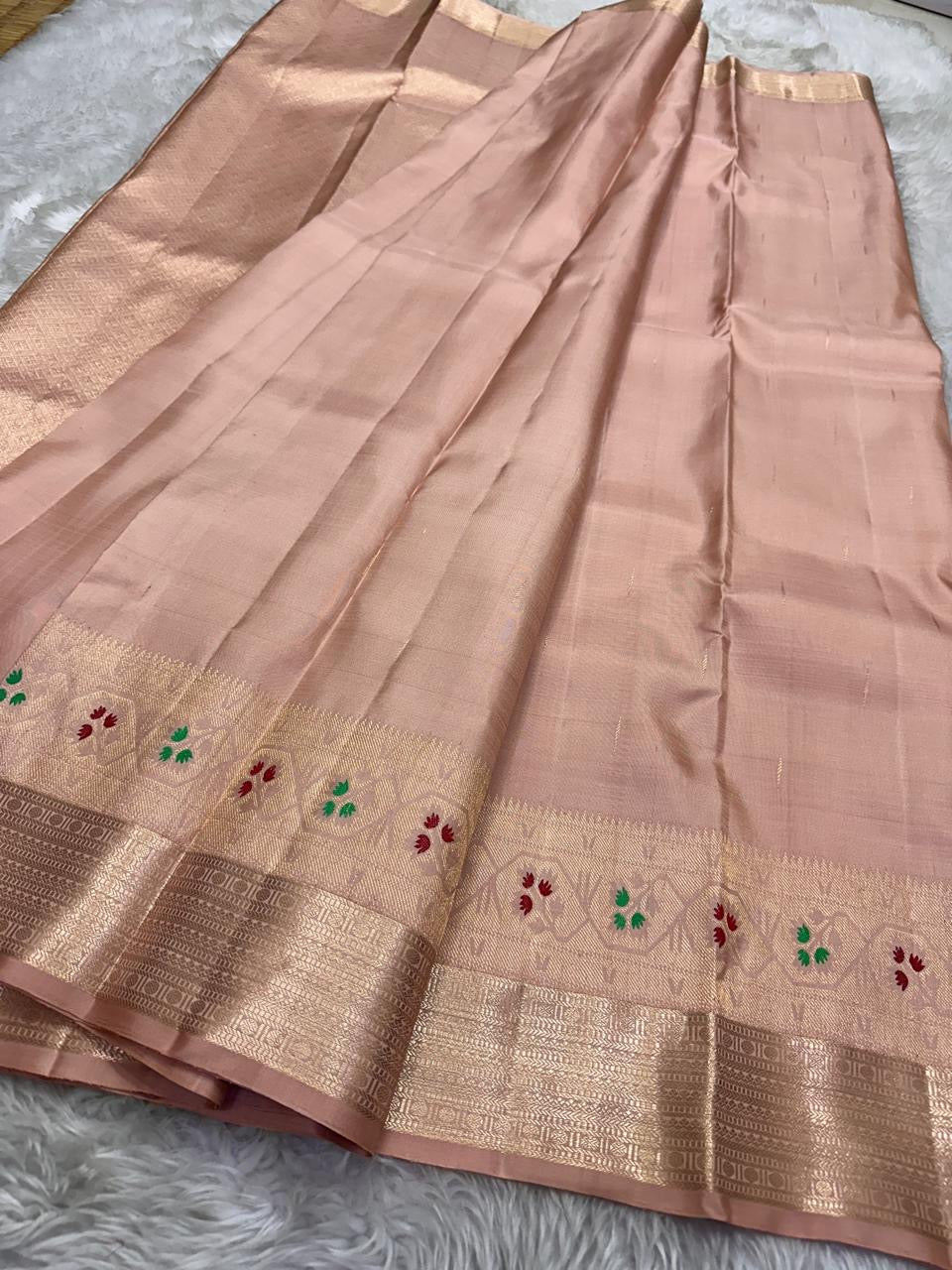 Vibha pastel pink Pure Kanchipuram Silk Saree Blending the Grandeur of South Indian Weaving with Paithani-Inspired Floral Zari Borders and a Lustrous Rose Gold zari Pallu