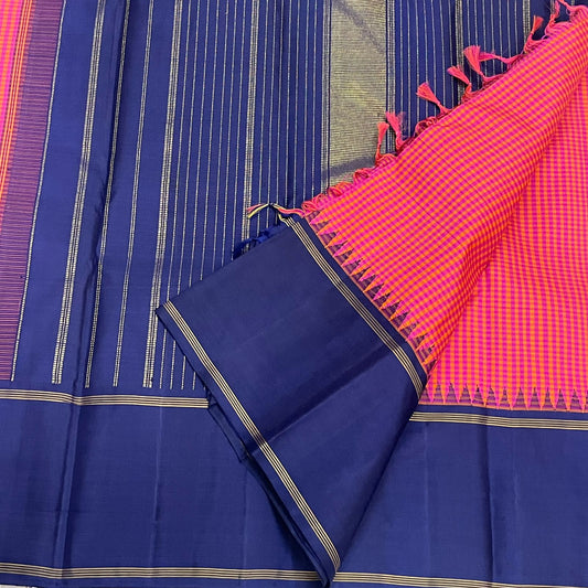 Peony Indigo Kattam — Pure Silk Kanchipuram Saree
Peony-Pink & Kesari Micro Checks with Deep Indigo Korvai Border ✨
Silk Mark Certified • Free USA Shipping • ships in two weeks ✅