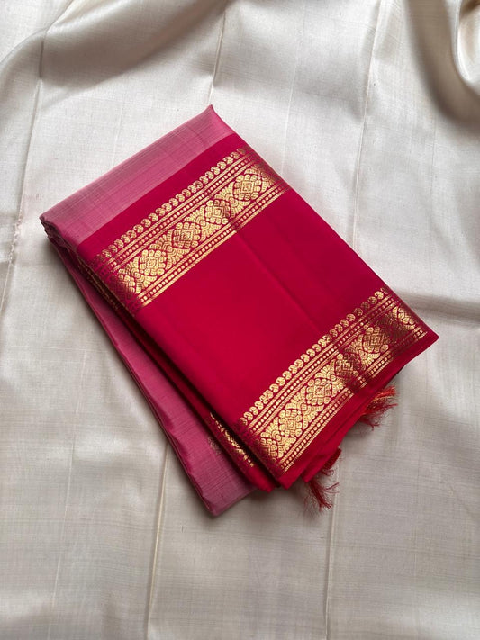 Pure silk kanchipuram rose pink color body with zari mayil chakram  buttas , raspberry pink  border with ornate Pallu