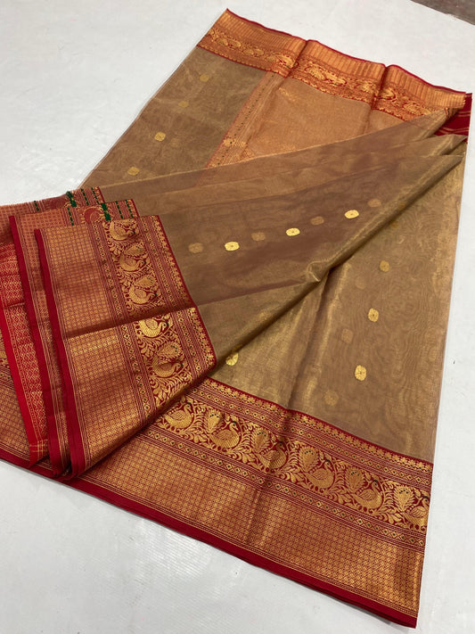 Pure silk Chanderi handloom in stunning sand brown with brick red border in tissue silk katan chanderi