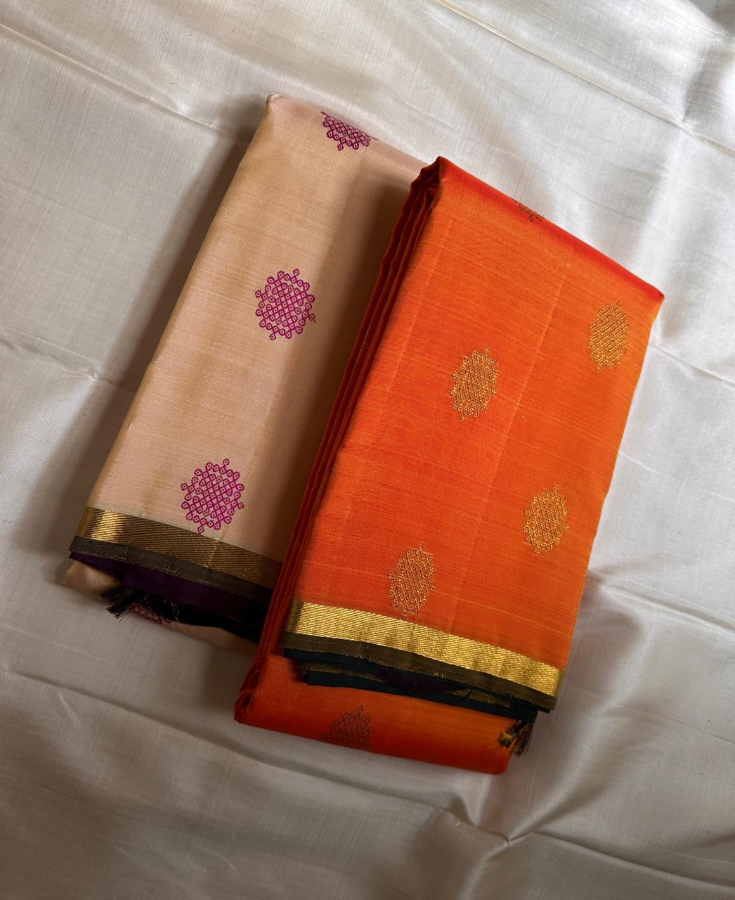 Half white cream purple selvedge and border with overall kolam woven motif in pure silk Kanchipuram saree
