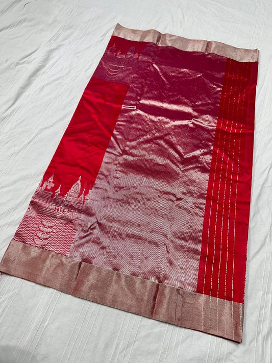 Pure silk chanderi in red and gold with banares varanasi ghat zari woven motif