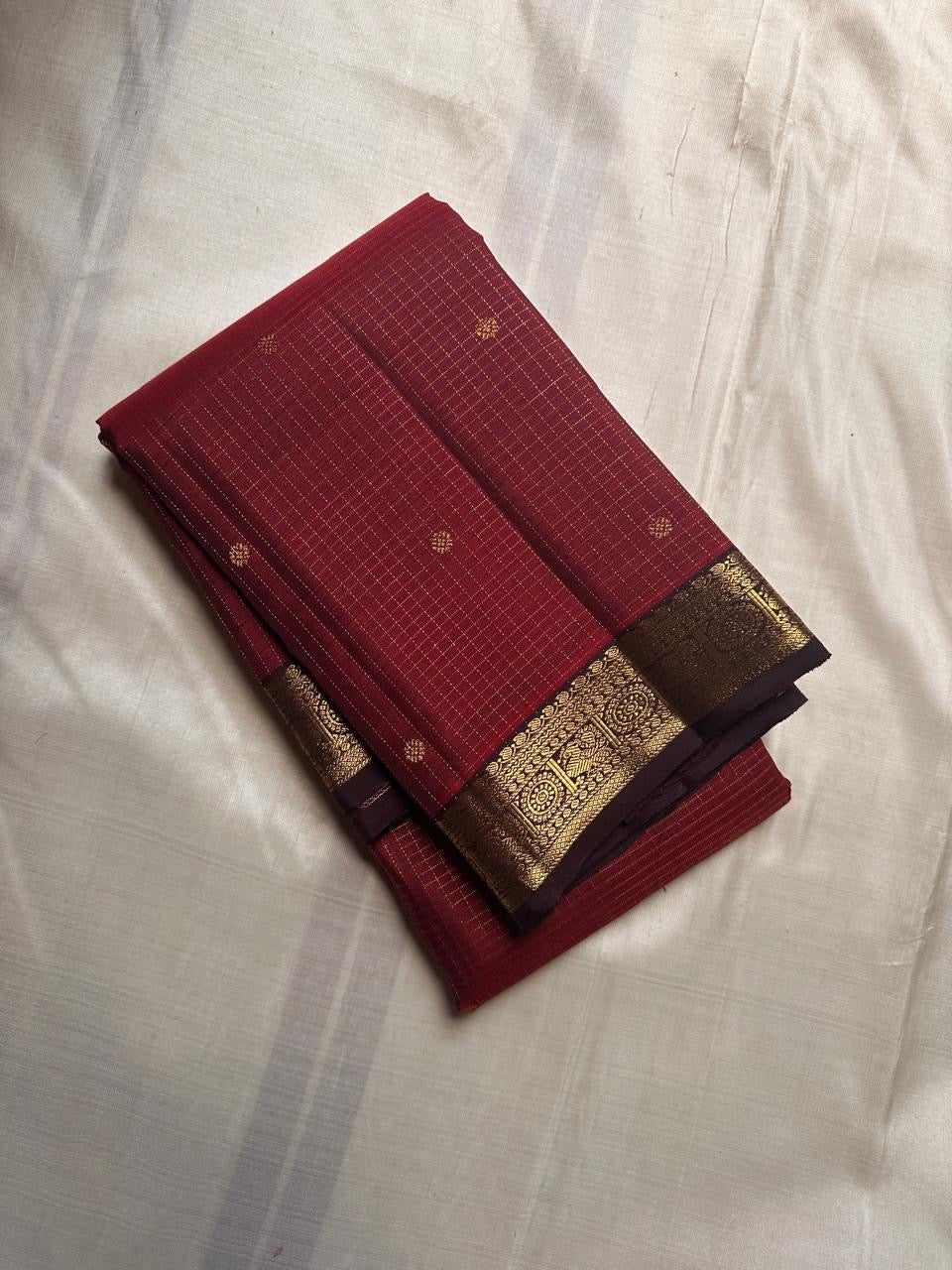 Maroon kattam wirh deep coffee brown shot purple silk Kanchipuram saree with vanasringaram border and Pallu